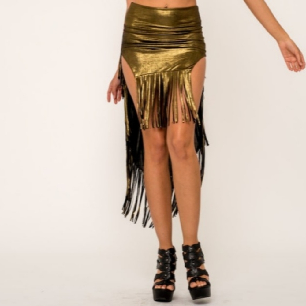 Gold Skirt- Festival Gear- Maxi Skirt-Fringe Skirt Belly Dance Skirt-Gypsy Salsa